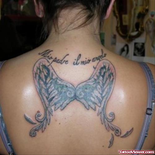 Grey Ink Angel Wings Tattoos On Upperback For Girls