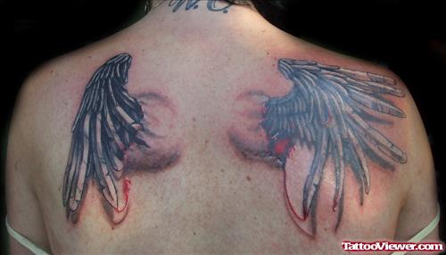 Colored Wings Tattoos On Back Shoulders