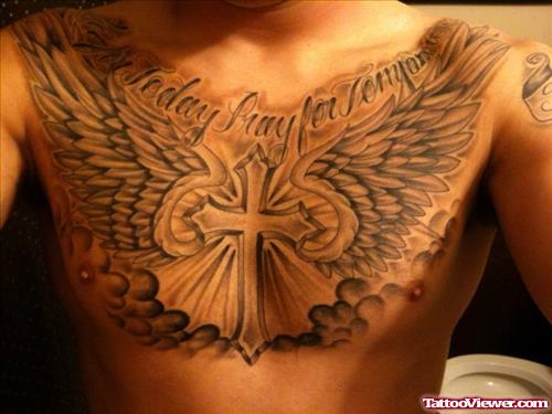 Winged Cross Tattoo On Man Chest
