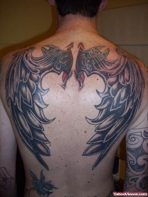 Grey Ink Wings Tattoos On Back