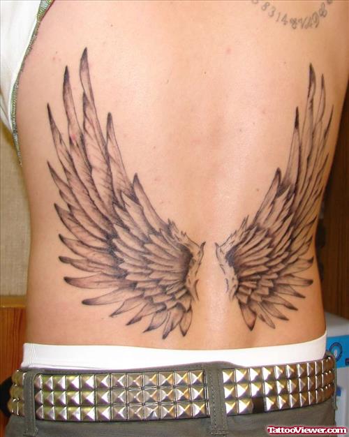 Grey Ink Angel Wings Tattoos on Lowerback