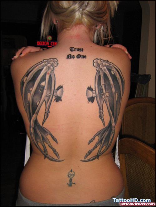 Awesome Grey Ink Wings Tattoos On Girl Back