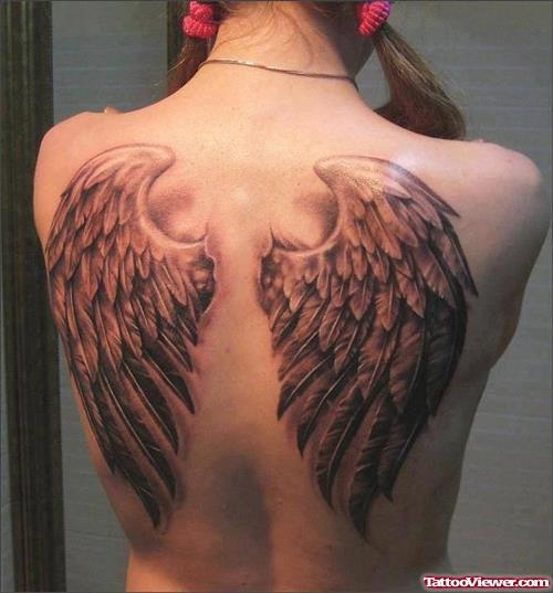 Amazing Grey Ink Angel Wings Tattoos On Back Body