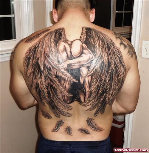 Grey Ink Sad Angel Tattoo On Back Body