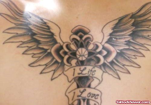 Grey Ink Cross and Wings Tattoo