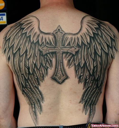 Grey Ink Cross And Angel Wings Tattoos On Back