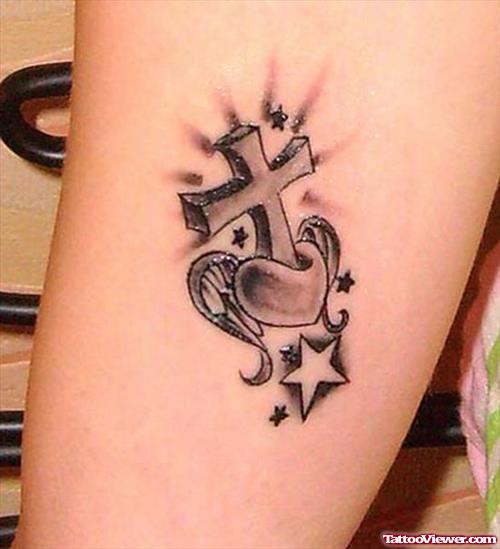 Cute Cross And Heart With Wings Tattoo