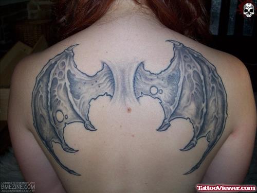 Attractive Grey Ink Devil Wings Tattoos On Back