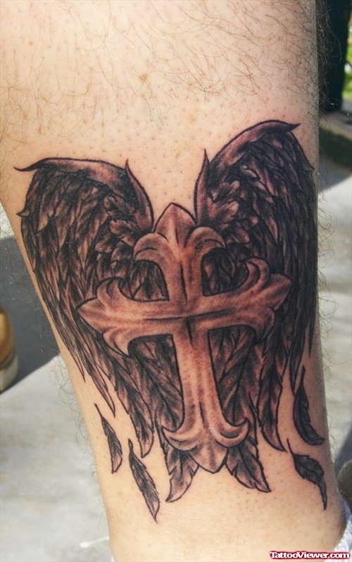 Grey Ink Cross And Wings Tattoo On Leg