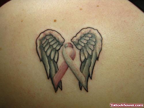 Cancer Ribbon And Angel Wings Tattoos On Back