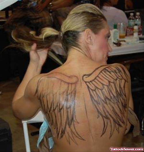 Awesome Grey Ink Angel Wings Tattoos On Upperback