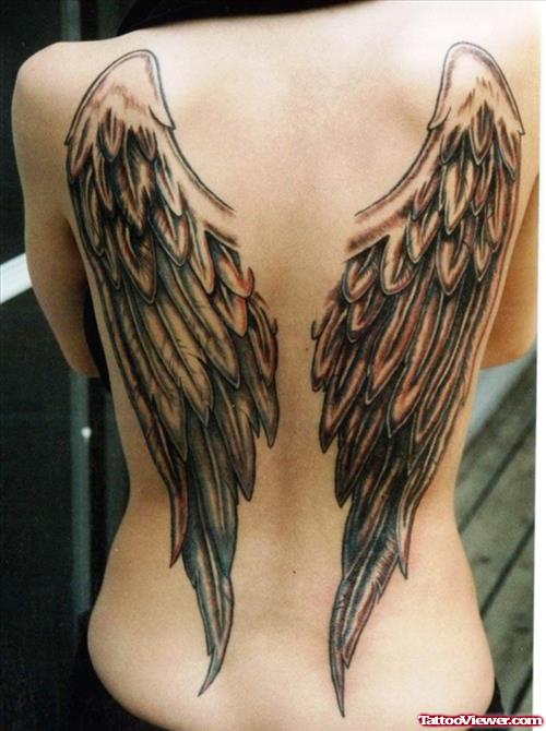 Grey Ink Angel Wings Tattoos On Back Body