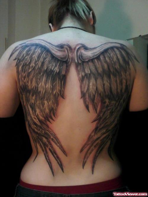 Latest Grey Ink Wings Tattoos On Back Body