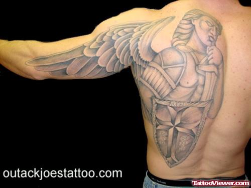 Grey Ink Archangel Michael Tattoo On Back