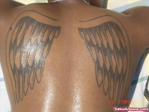 Awesome Grey Ink Angel Wings Tattoos On Back