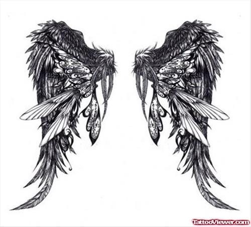 Latest Grey Ink Fairy Wings Tattoos Design