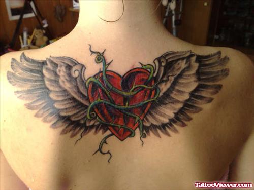 Large Red Heart And Gre Wings Tattoos On Back