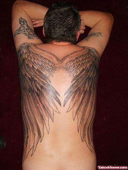 Grey Ink Angel Wings Tattoos On Man Back Body