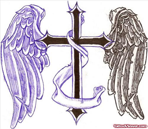 Cross With Banner And Wings Tattoo Design