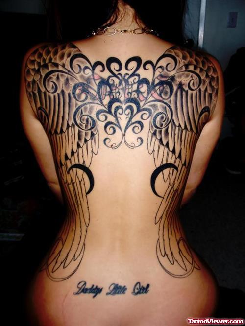 Black Ink Wings Tattoos On Girl Back Body