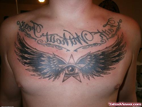 Grey Ink Star And Angel Wings Tattoos On Man Chest