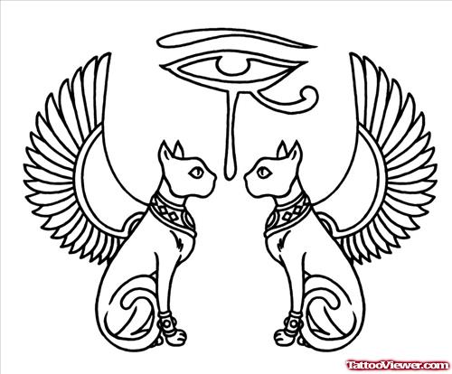 Egyptian Eye Of Horus With Winged Cats Tattoos Designs