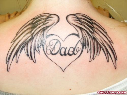 Dad Heart And Wings Tattoo On Upperback