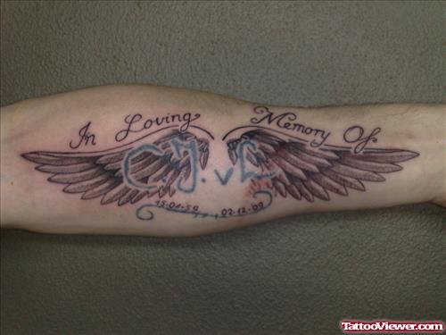 Latest Grey Ink Angel Wings Tattoo on Sleeve