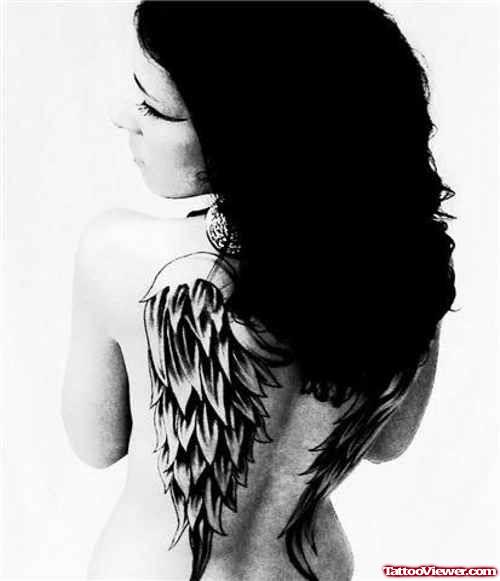 Grey Ink Wings Tattoos On Girl Back Body