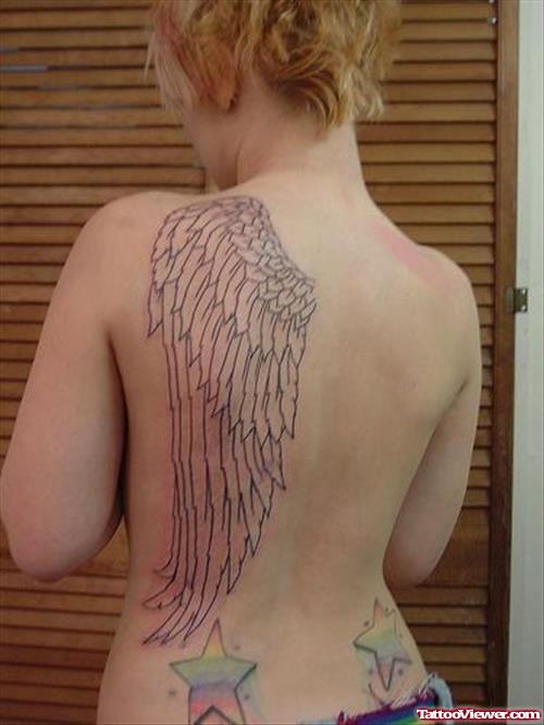 Grey Ink Wings Tattoo On Back Body