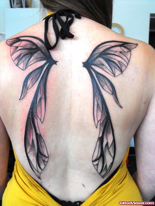 Grey Ink Large Butterfly Wings Tattoos on Back