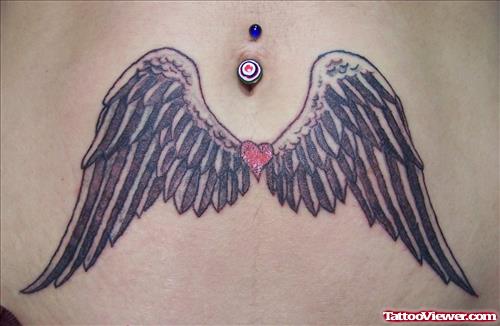 Grey Ink Angel Wings Tattoos On Belly