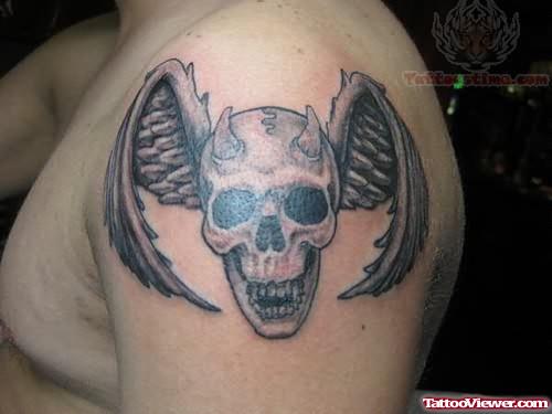 Winged Skull Tattoo On Shoulder