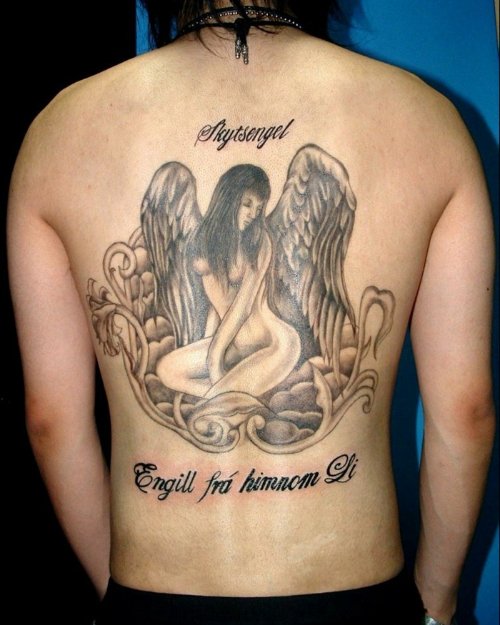 Grey Ink Angel Wings Tattoo On Back For Men