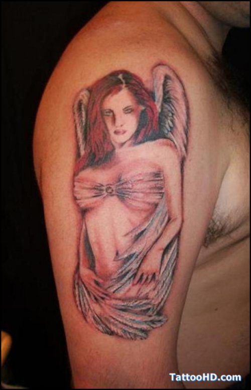Grey Ink Winged Girl Tattoo On Half Sleeve