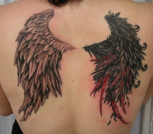 Grey Ink Angel And Devil Wings Tattoo On Back