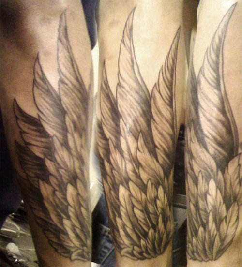 Grey Ink Wings Tattoos On Sleeve