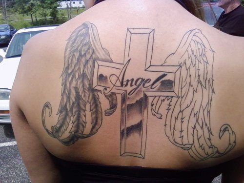 Grey Ink Cross And Wings Tattoos On Upperback