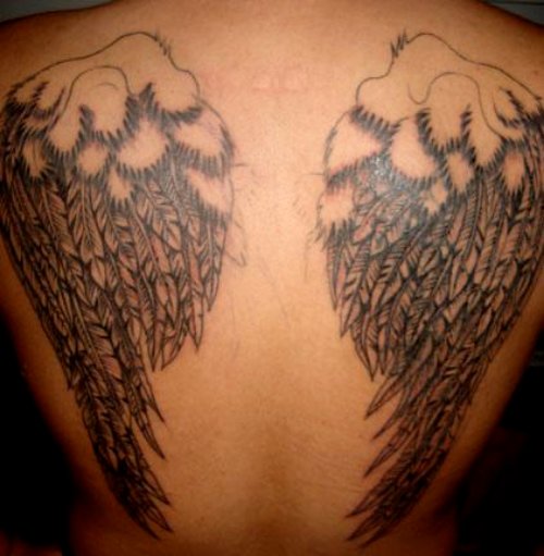 Attractive Grey Ink Wings Tattoos On Back Body