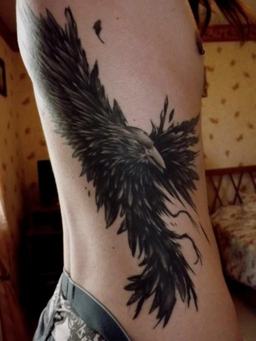 Awesome Black Ink Open  Eagle Wings Tattoo On Side Rib