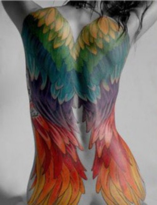 Large Colored Angel Wings Tattoos On Back