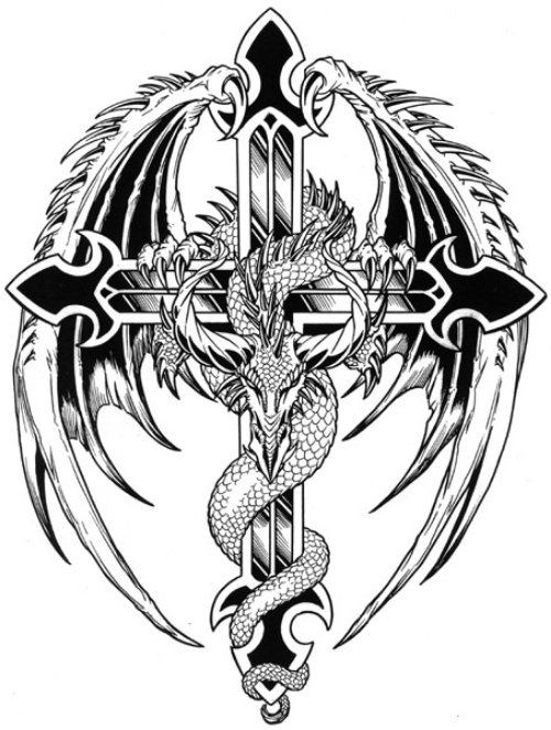 Cross And Devil Wings Tattoo Design