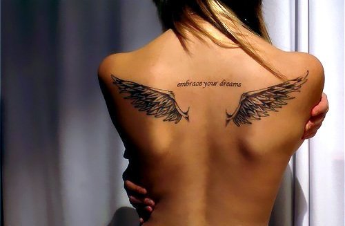 Black Ink Angel Wings Tattoos On Upperback