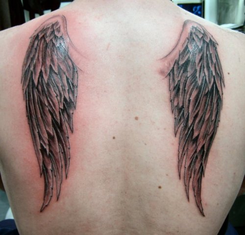 Grey Ink Wings Tattoos On Back Shoulders