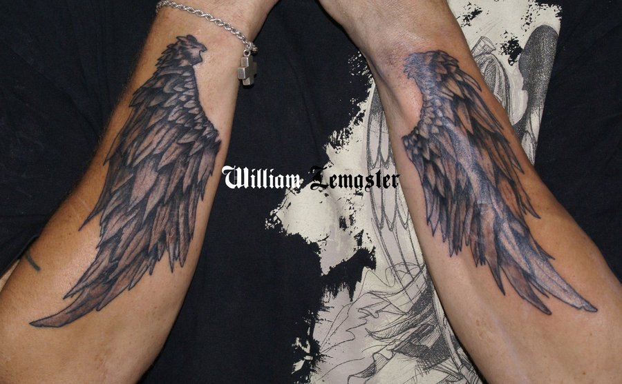 Amazing Grey Ink Angel Wings Tattoos On Sleeve