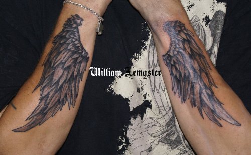Amazing Grey Ink Angel Wings Tattoos On Sleeve