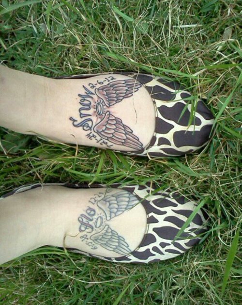 Grey Ink Wings Tattoos On Both Feet