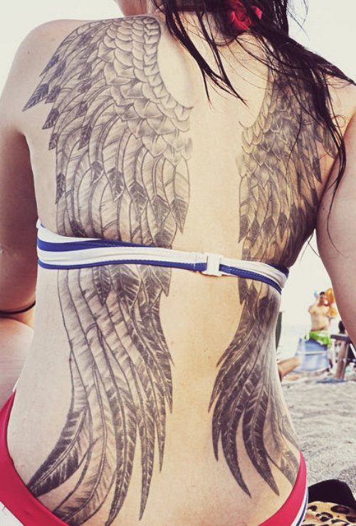 Stylish Grey Ink Wings Tattoos On Girl Back
