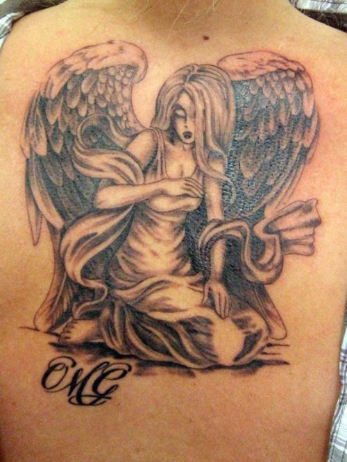 Grey Ink Large angel Wings Tattoo On Back