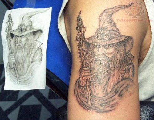 Wizard Portrait Tattoo On Bicep